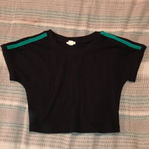 black crop top, white and green sleeve